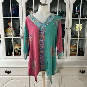 Soft Surroundings Pastel Green and Mauve Mystik Balik Tunic Top Size PS